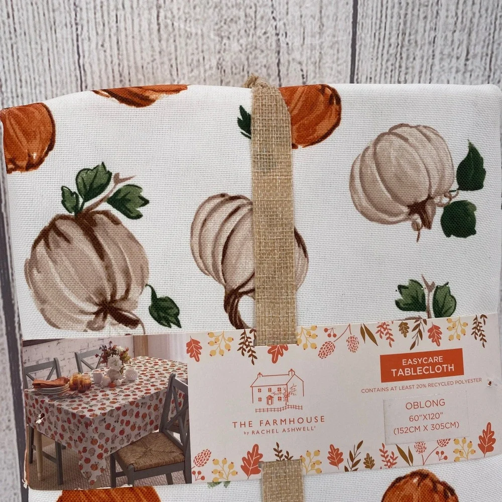Rachel Ashwell Tablecloth 60x120 White Orange Pumpkin Farmhouse Fall Autumn